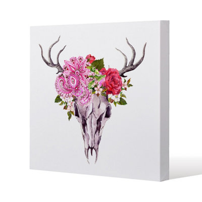 Andrew Lee Deer Animal Skull With Flowers And Feathers (Canvas Print) / 101 X 101 X 4Cm from B&Q