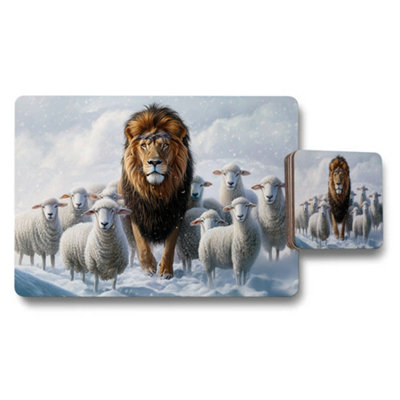 Benjamin Tate Design Lion Leading Sheep Placemats And Coaster Set In Snowy Winter Scene from B&Q