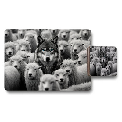 B&Q -  Wolf Among Sheep Placemats And Coaster Set With Blue Eyes