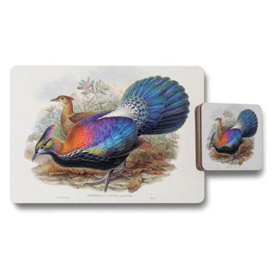 Benjamin Tate Design Vintage Pheasant Placemats And Coaster Set With Colorful Bird Illustration from B&Q