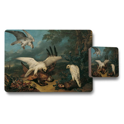 B&Q -  Vintage Bird Artwork Placemat And Coaster Set For Dining Table