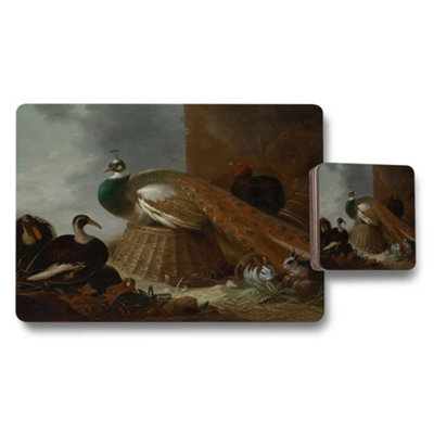 Benjamin Tate Design Peacock And Birds Art Placemat And Coaster Set For Kitchen Decor from B&Q