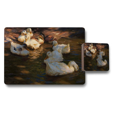 B&Q -  Duck Pond Impressionist Placemat And Coaster Set With White Ducks