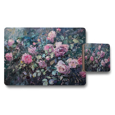 B&Q -  Floral Rose Garden Placemats And Coaster Set With Impasto Style Artwork