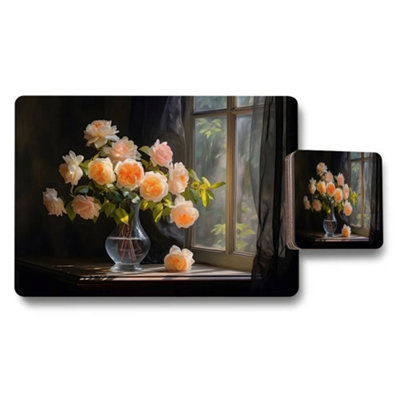 B&Q -  Deluxe Peach Rose Arrangement Placemat And Coaster Set