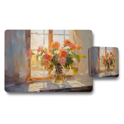 B&Q -  Pink Roses In Glass Vase By Window Placemat And Coaster Set