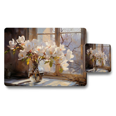 B&Q -  Elegant Magnolia Window Scene Table Placemat And Coaster Set