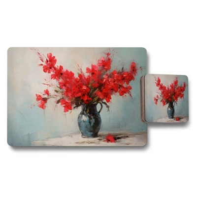 B&Q -  Red Floral Vase Placemat And Coaster Set With Blue Background