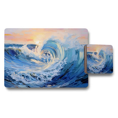 B&Q -  Ocean Wave Art Placemat And Coaster Set With Abstract Surf Design