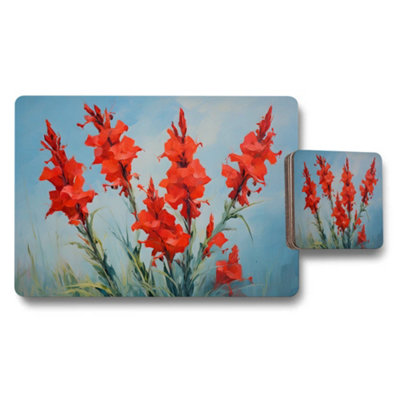 B&Q -  Placemat And Coaster Set With Red Gladiolus On Blue Background