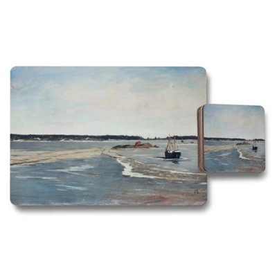 B&Q -  Seascape Boat Painting Placemats And Coaster Set For Dining Table
