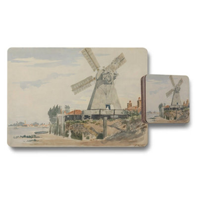 B&Q -  Vintage Windmill Placemat And Coaster Set With Coastal Scene
