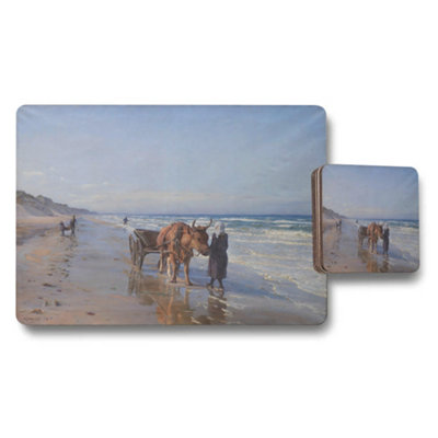 B&Q -  Beach Scene Placemats And Coasters Set With Horse Drawn Cart Artwork