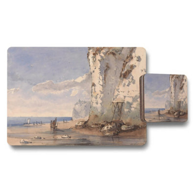 Benjamin Tate Design Coastal Cliff Scene Placemat And Coaster Set With Seaside Painting from B&Q