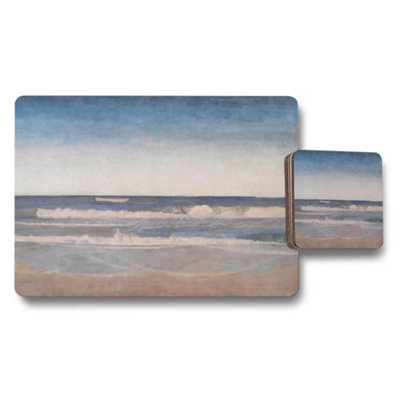 B&Q -  Beach Sunrise Seascape Placemats Coaster Set With Ocean Waves
