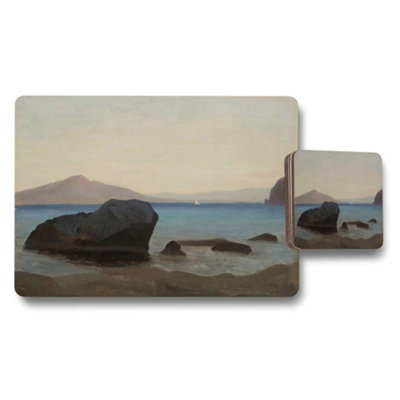 B&Q -  Coastal Seascape Placemat And Coaster Set With Rocky Beach Print