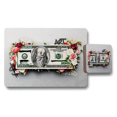 Benjamin Tate Design Floral Money Dollar Bill Placemats With Coaster Set
