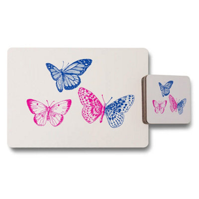B&Q -  Butterfly Design Placemat And Coaster Set With Pink And Blue Butterflies