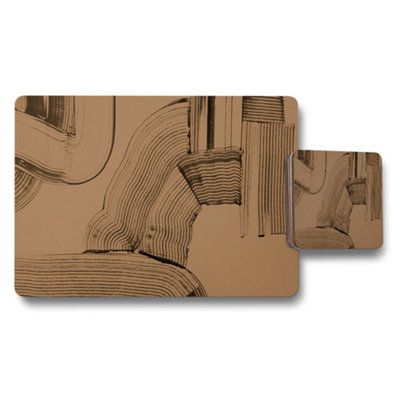 B&Q -  Tan Abstract Line Art Placemat And Coaster Set For Dining Table
