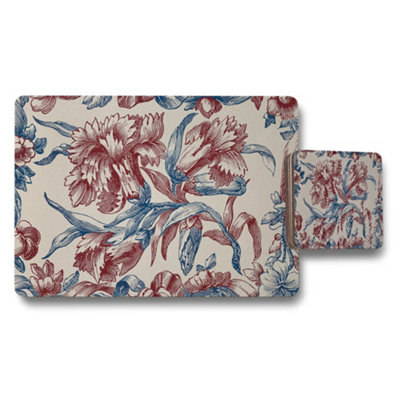 B&Q -  Floral Placemat And Coaster Set Red And Blue Botanical Design
