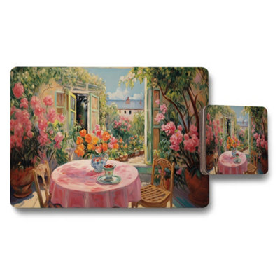 B&Q -  Elegant Floral Garden Placemat And Coaster Set With Pink Roses Artwork