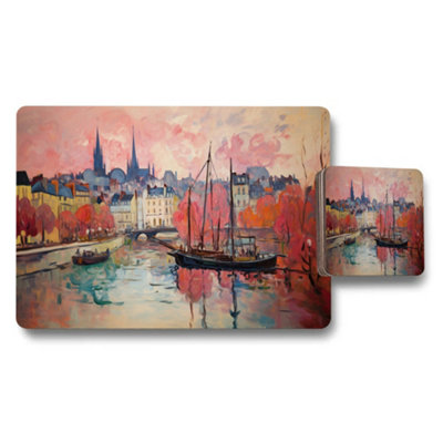 B&Q -  Paris River Scene Placemats And Coaster Set With Boats Artwork
