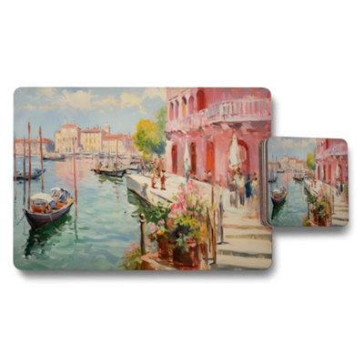 B&Q -  Venice Canal Watercolor Placemat And Coaster Set For Dining Tables