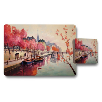 B&Q -  Riverside Cityscape Placemats And Coasters Set With Pink Trees