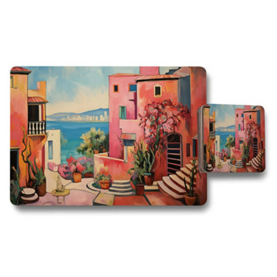 Benjamin Tate Design Colorful Mediterranean Village Placemat And Coaster Set from B&Q