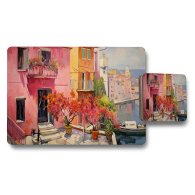 B&Q -  Colorful Mediterranean Coastal Village Placemat Coaster Set