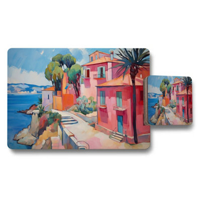 Benjamin Tate Design Colorful Coastal Village Placemats And Coaster Set Art Print from B&Q