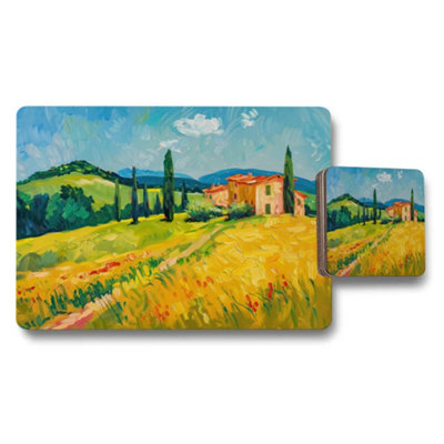 B&Q -  Tuscan Countryside Placemat And Coaster Set With Impressionist Art