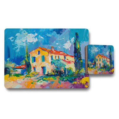 B&Q -  Vibrant Mediterranean Villa Landscape Placemat And Coaster Set