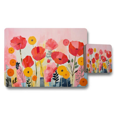 B&Q -  Floral Pink Poppy Placemat And Coaster Set With Vibrant Flowers