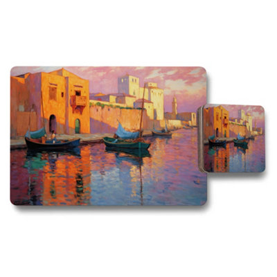 B&Q -  Harbor Scene Placemat And Coaster Set With Colorful Boats Artwork
