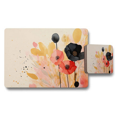 Benjamin Tate Design Watercolor Floral Placemat And Coaster Set With Poppies