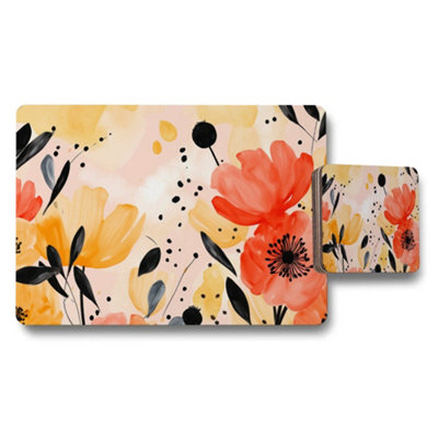 B&Q -  Floral Placemat And Coaster Set Yellow Orange Red Botanical Design