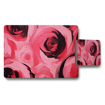 B&Q -  Pink Rose Placemats And Coaster Set With Abstract Floral Design