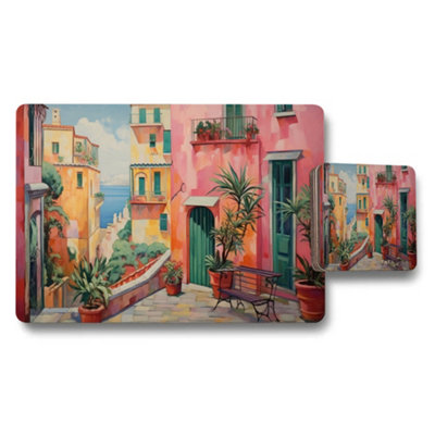 B&Q -  Colorful Mediterranean Street Scene Placemat And Coaster Set