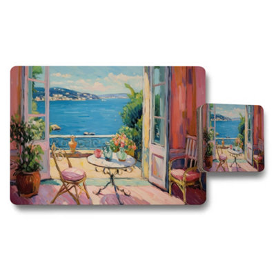 B&Q -  Seaside Terrace Placemats And Coaster Set With Ocean View Artwork