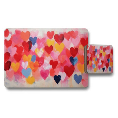 Benjamin Tate Design Heart Pattern Placemat And Coaster Set With Colorful Hearts from B&Q