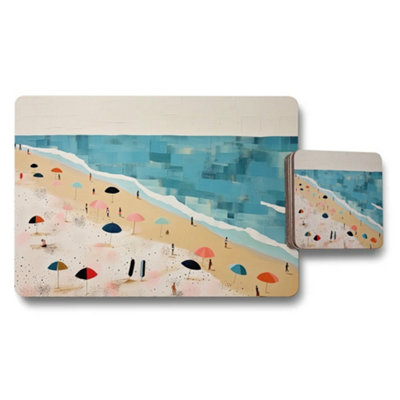 B&Q -  Beach Scene Placemats And Coaster Set With Umbrella Pattern