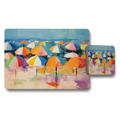 B&Q -  Colorful Beach Umbrellas Coaster And Placemat Set With Abstract Art
