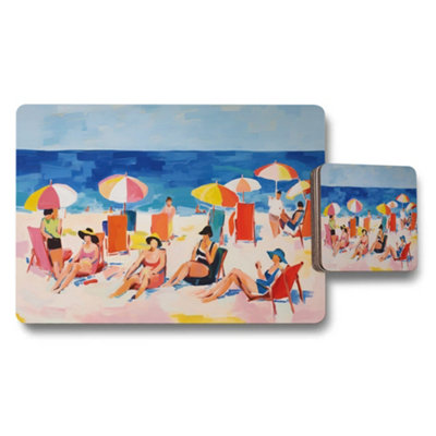 B&Q -  Beach Scene Placemat And Coaster Set With Colorful Umbrellas