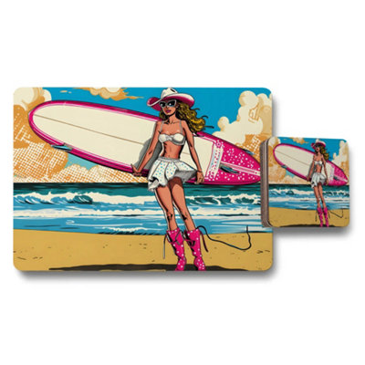 B&Q -  Surfing Girl Placemats And Coaster Set With Pink Surfboard Design