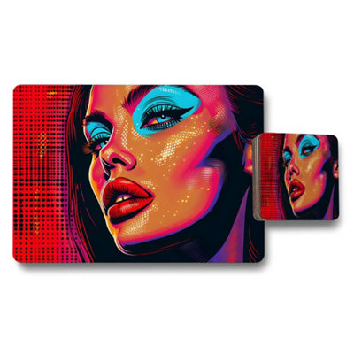 Benjamin Tate Design Pop Art Portrait Placemat And Coaster Set Colorful Woman Artwork from B&Q