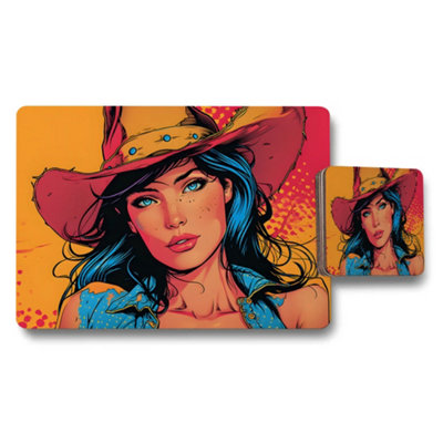 Benjamin Tate Design Cowgirl Pop Art Placemat And Coaster Set With Vibrant Orange Design from B&Q