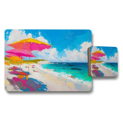 B&Q -  Beach Scene Placemat And Coaster Set With Colorful Umbrellas