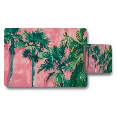 B&Q -  Palm Tree Placemats And Coaster Set Pink Tropical Background