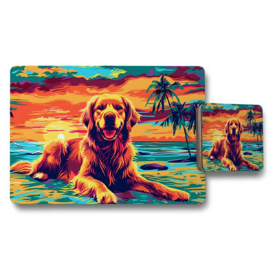 Benjamin Tate Design Golden Retriever Placemats And Coasters Set With Tropical Sunset Beach Scene from B&Q